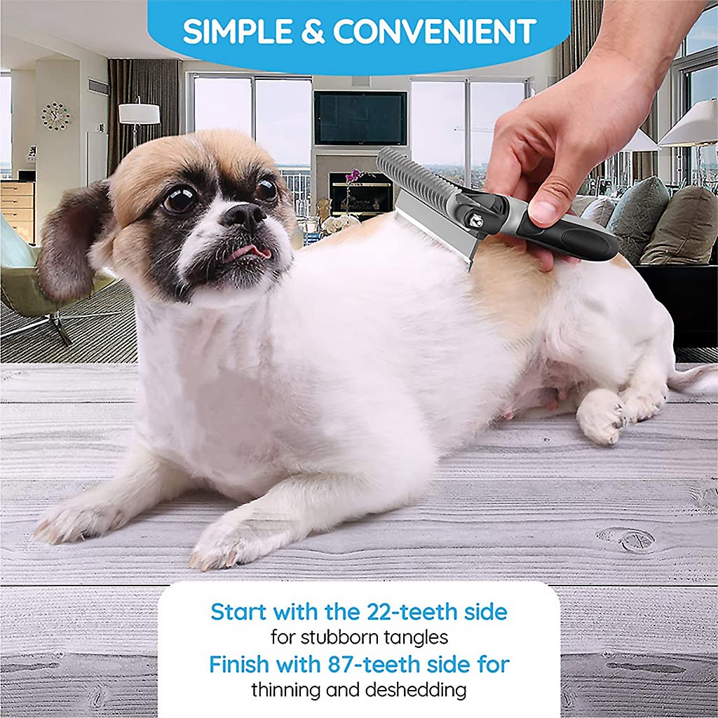 Qpets Dog Brush Dogs Comb 2 in 1 Deshedding Tool& Dematting Undercoat Rake for Mats& Tangles Removing, Dog Grooming Kit, Pet Brush,Great for Short to Long Hair Small Large Breeds(Grey) Qpets Dog Brush Dogs Comb 2 in 1 Deshedding Tool& Dematting Undercoat Rake for Mats& Tangles Removing, Dog Grooming Kit, Pet Brush,Great for Short to Long Hair Small Large Breeds(Grey)
